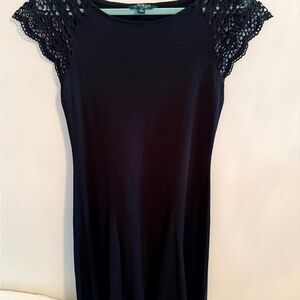 Lauren Ralph Lauren Black Cotton Dress Lace Crochet Cap Sleeves Size M